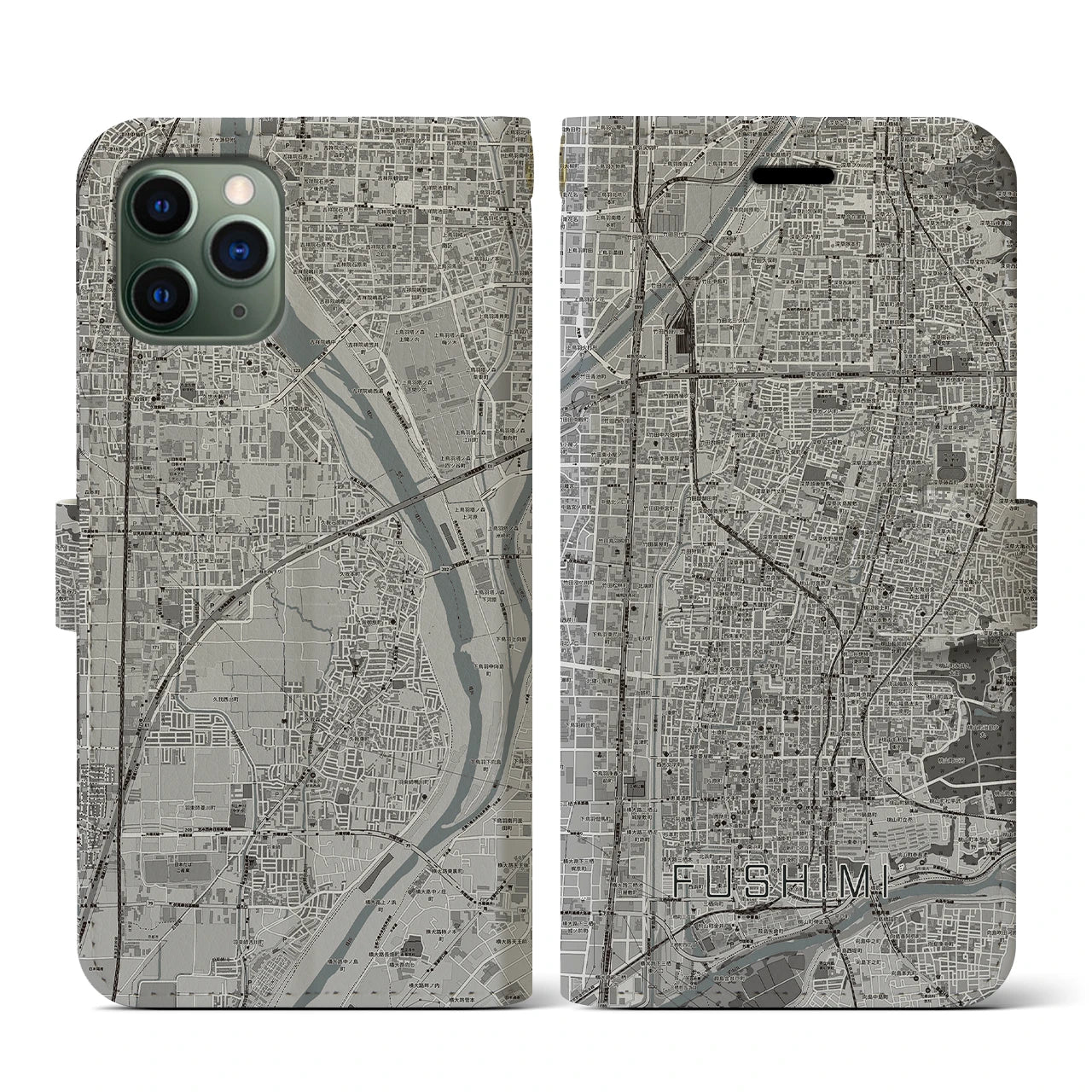 【伏見(京都府)】地図柄iPhoneケース(手帳タイプ)モノトーン・iPhone 11 Pro 用