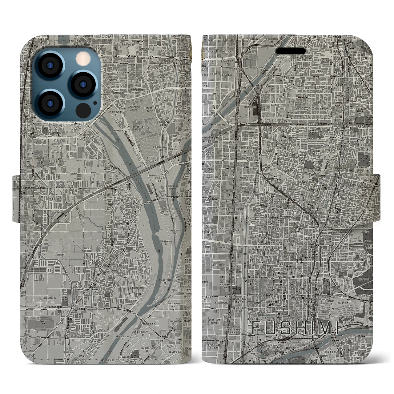 【伏見(京都府)】地図柄iPhoneケース(手帳タイプ)モノトーン・iPhone 12 / 12 Pro 用