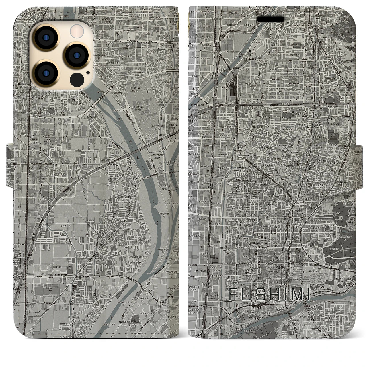 【伏見(京都府)】地図柄iPhoneケース(手帳タイプ)モノトーン・iPhone 12 Pro Max 用