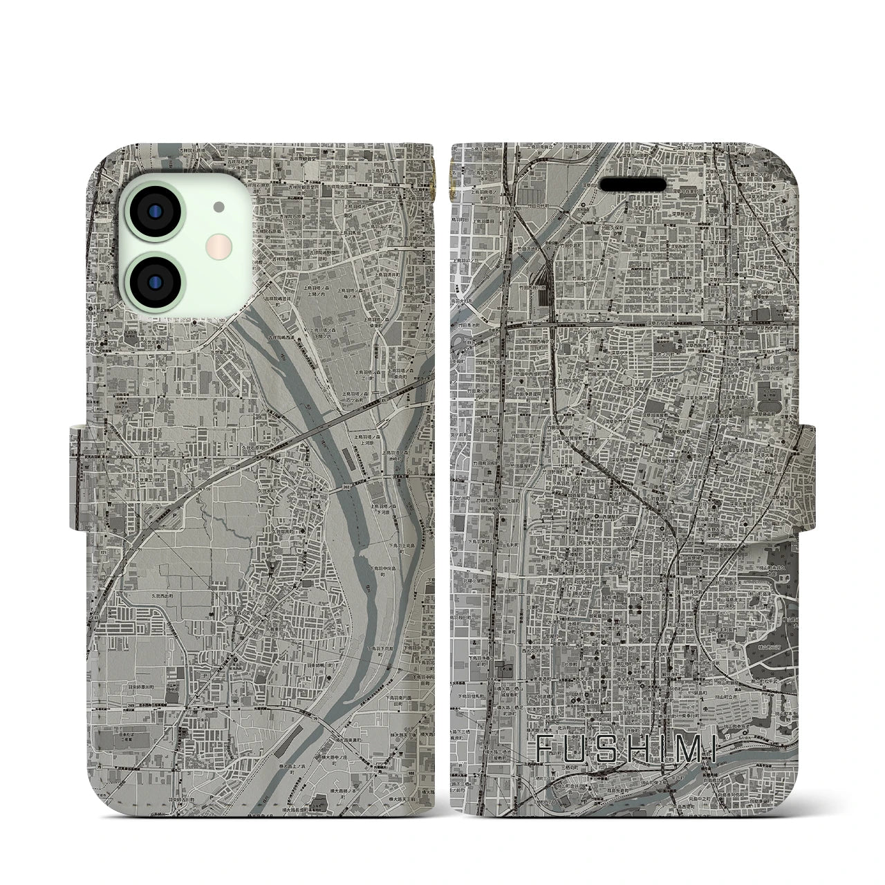 【伏見(京都府)】地図柄iPhoneケース(手帳タイプ)モノトーン・iPhone 12 mini 用
