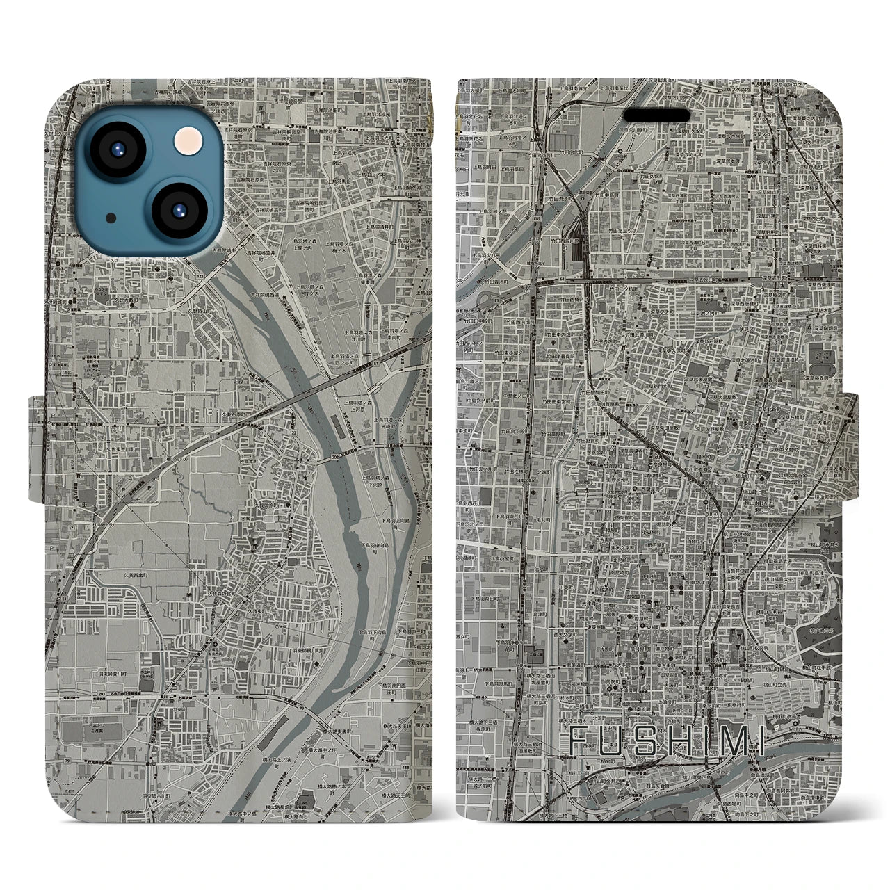 【伏見(京都府)】地図柄iPhoneケース(手帳タイプ)モノトーン・iPhone 13 用