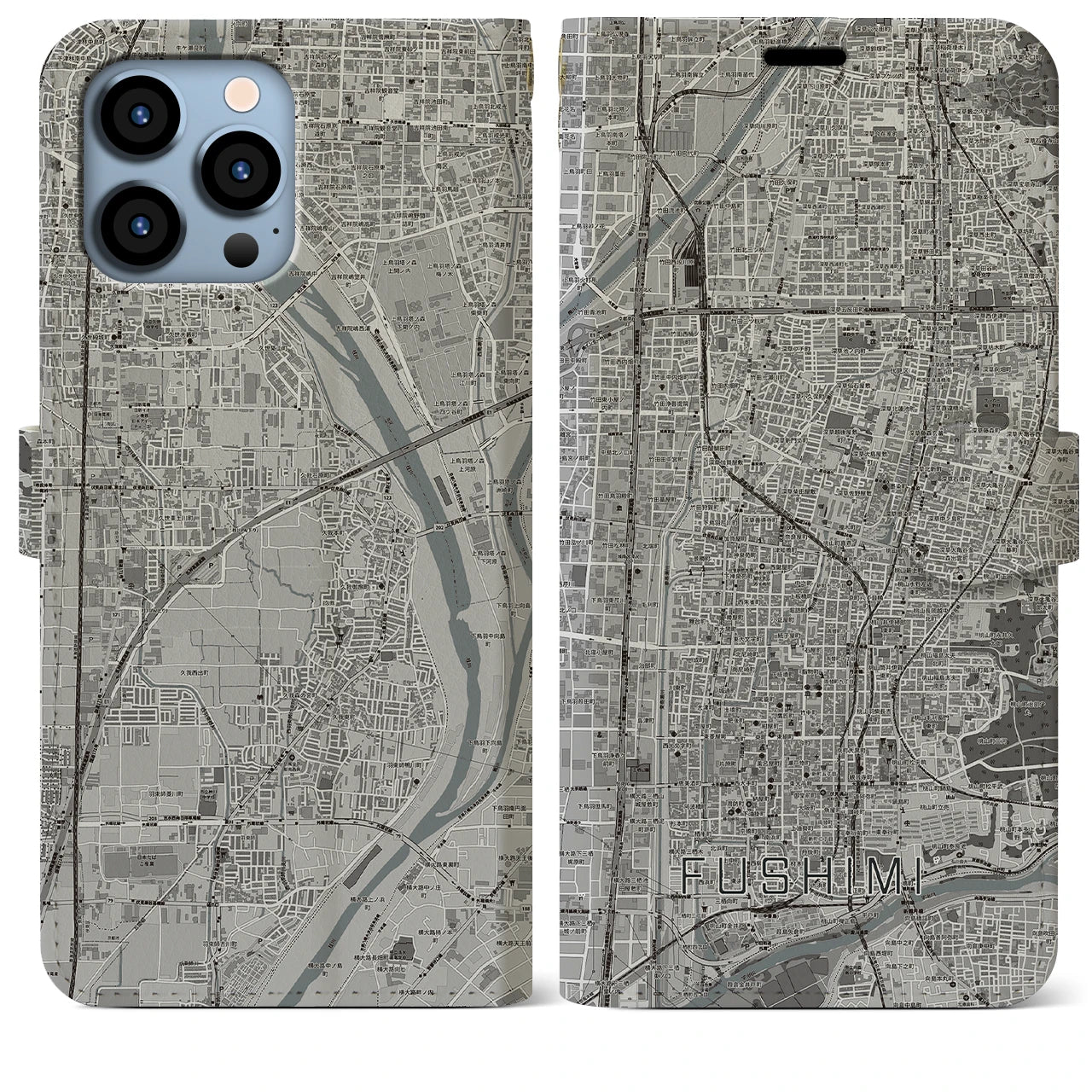 【伏見(京都府)】地図柄iPhoneケース(手帳タイプ)モノトーン・iPhone 13 Pro Max 用