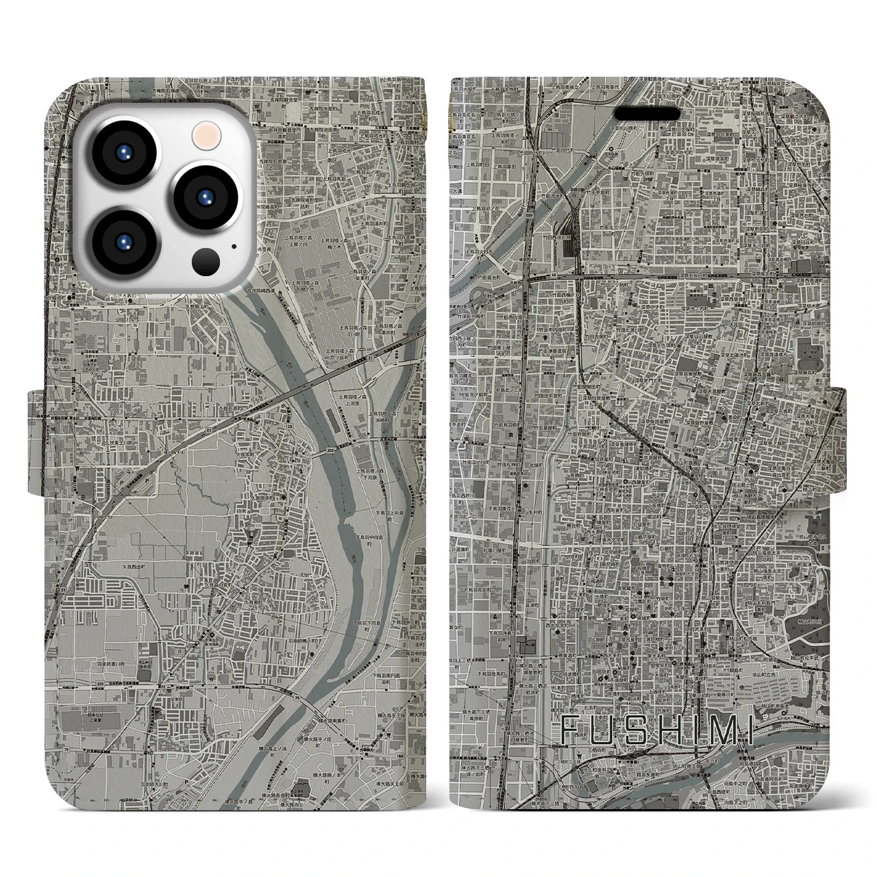 【伏見(京都府)】地図柄iPhoneケース(手帳タイプ)モノトーン・iPhone 13 Pro 用