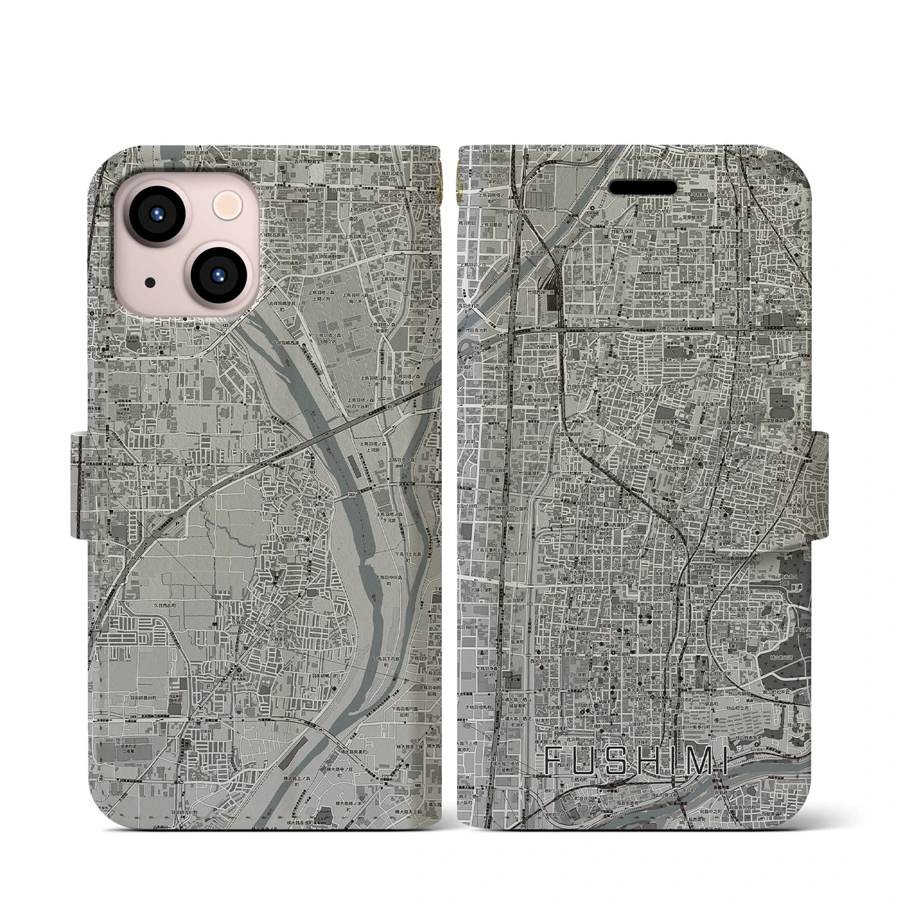 【伏見(京都府)】地図柄iPhoneケース(手帳タイプ)モノトーン・iPhone 13 mini 用