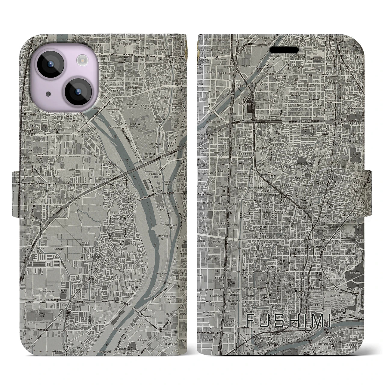 【伏見(京都府)】地図柄iPhoneケース(手帳タイプ)モノトーン・iPhone 14 用