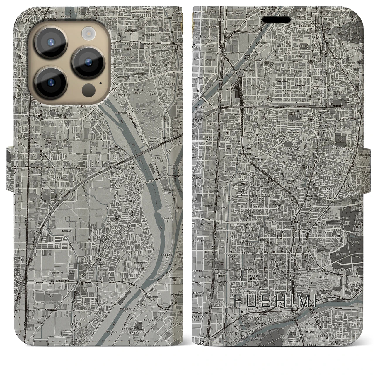 【伏見(京都府)】地図柄iPhoneケース(手帳タイプ)モノトーン・iPhone 14 Pro Max 用