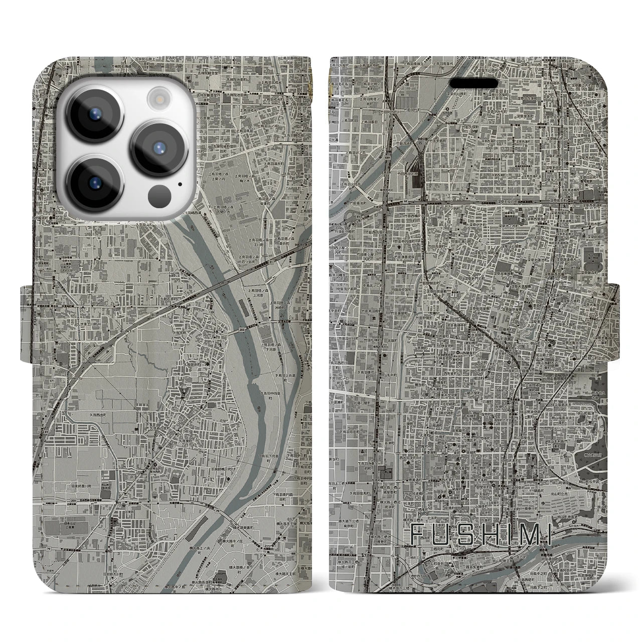 【伏見(京都府)】地図柄iPhoneケース(手帳タイプ)モノトーン・iPhone 14 Pro 用