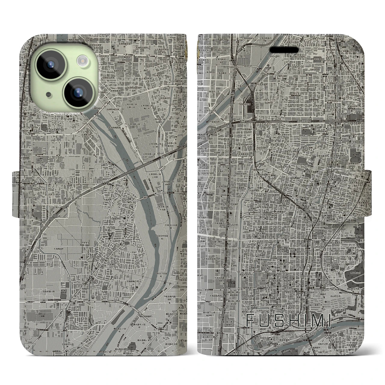 【伏見(京都府)】地図柄iPhoneケース(手帳タイプ)モノトーン・iPhone 15 用