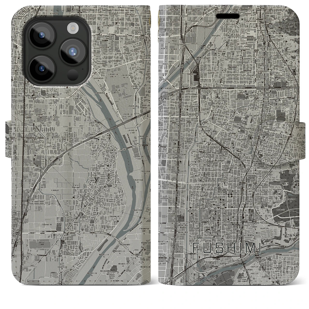 【伏見(京都府)】地図柄iPhoneケース(手帳タイプ)モノトーン・iPhone 15 Pro Max 用