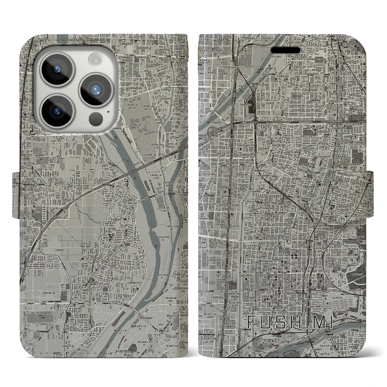 【伏見(京都府)】地図柄iPhoneケース(手帳タイプ)モノトーン・iPhone 15 Pro 用