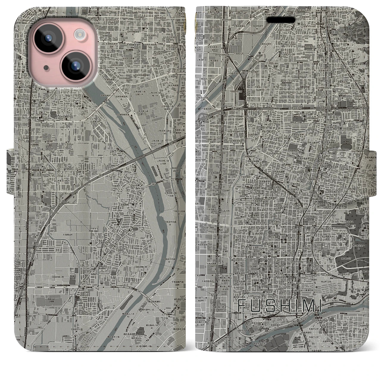 【伏見(京都府)】地図柄iPhoneケース(手帳タイプ)モノトーン・iPhone 15 Plus 用