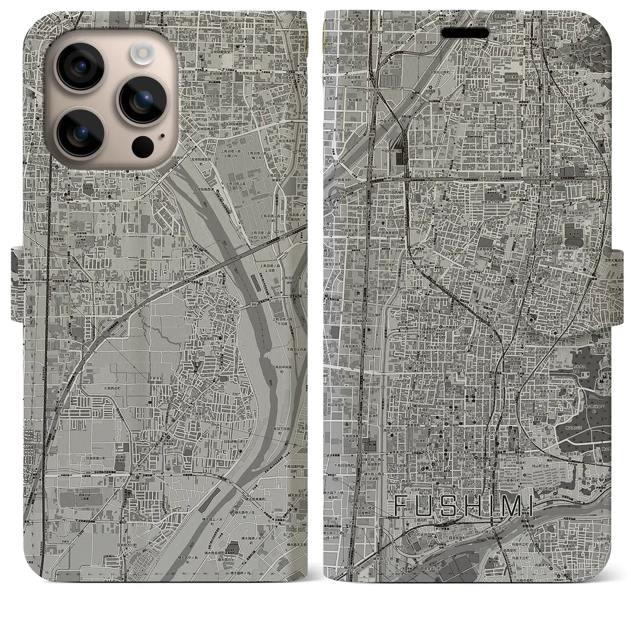 【伏見(京都府)】地図柄iPhoneケース(手帳タイプ)モノトーン・iPhone 16 Plus 用