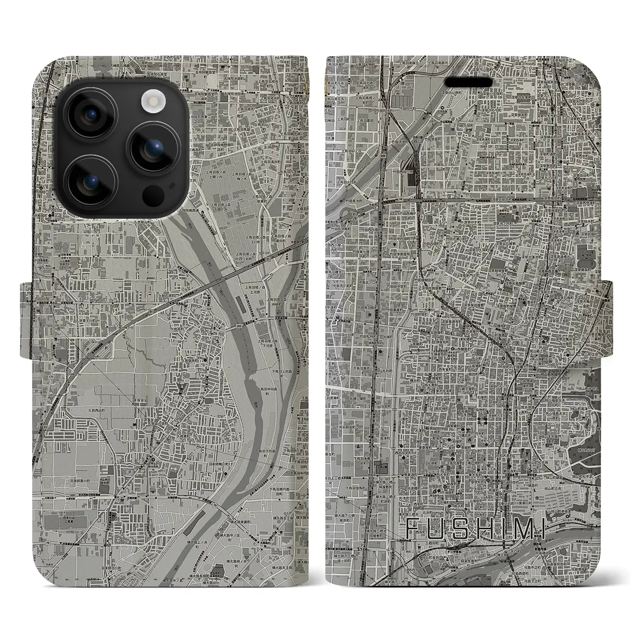 【伏見(京都府)】地図柄iPhoneケース(手帳タイプ)モノトーン・iPhone 16 用