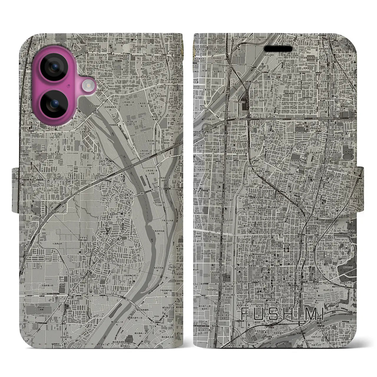 【伏見(京都府)】地図柄iPhoneケース(手帳タイプ)モノトーン・iPhone 16 Pro 用