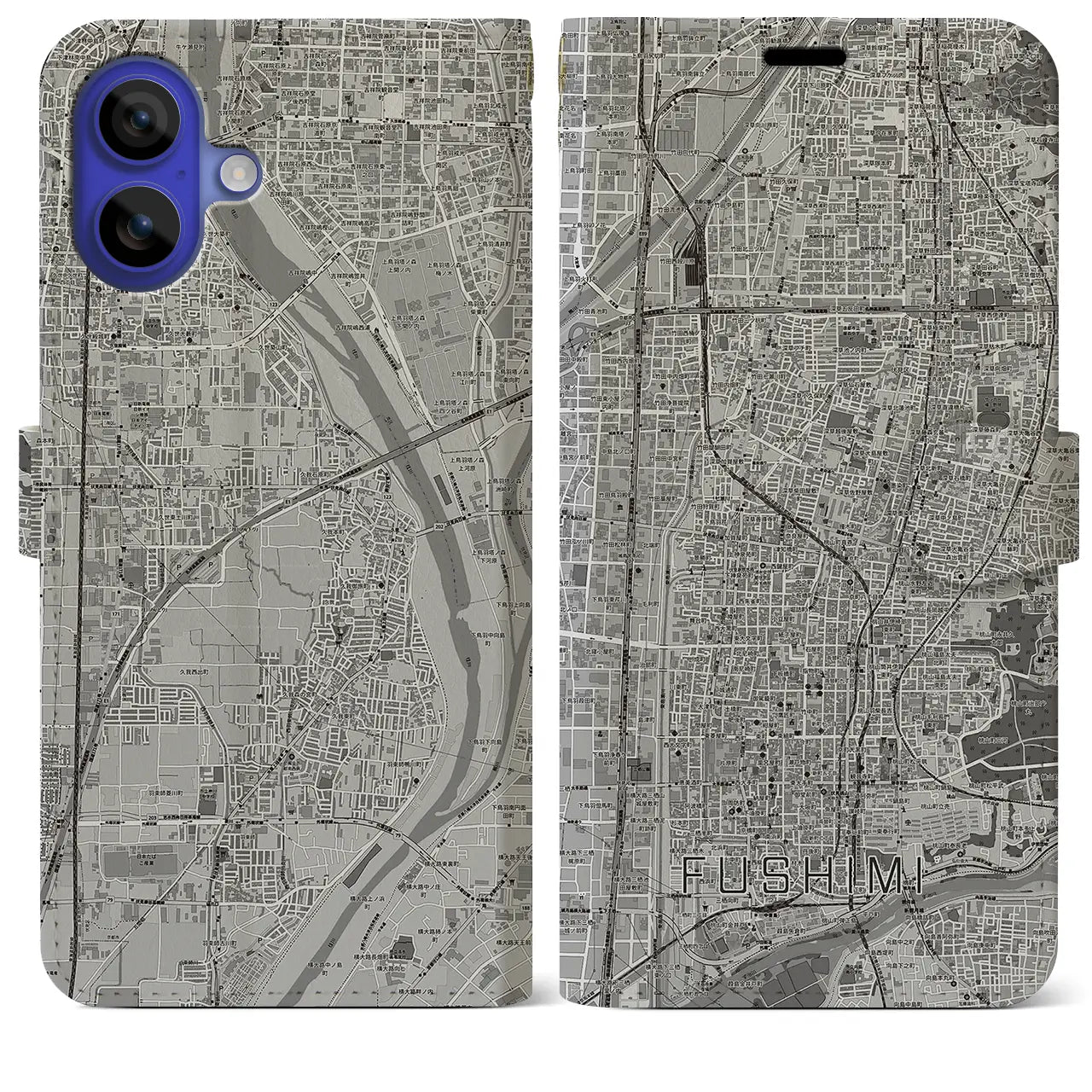 【伏見(京都府)】地図柄iPhoneケース(手帳タイプ)モノトーン・iPhone 16 Pro Max 用