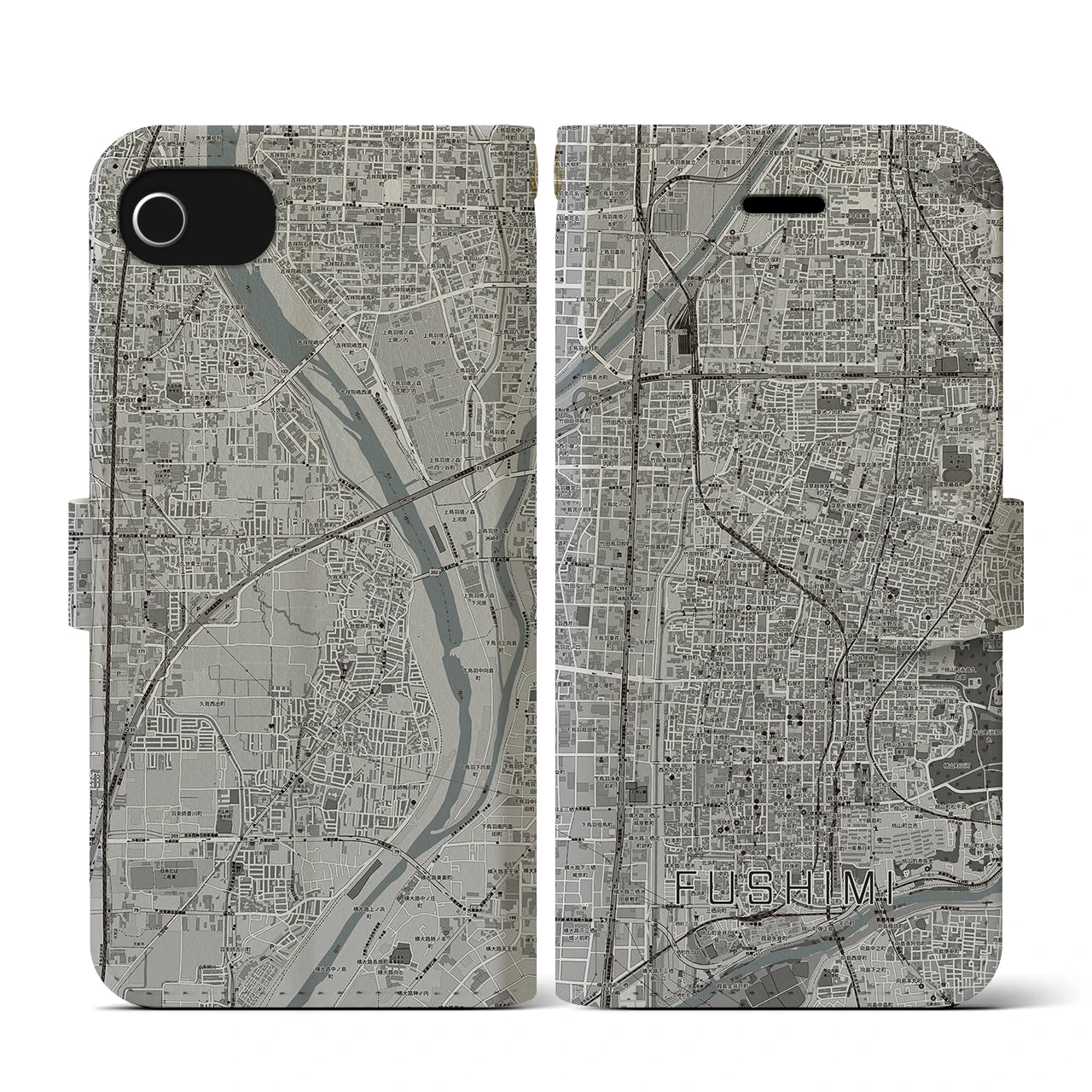 【伏見(京都府)】地図柄iPhoneケース(手帳タイプ)モノトーン・iPhone SE(第3 / 第2世代) / 8 / 7 / 6s / 6 用