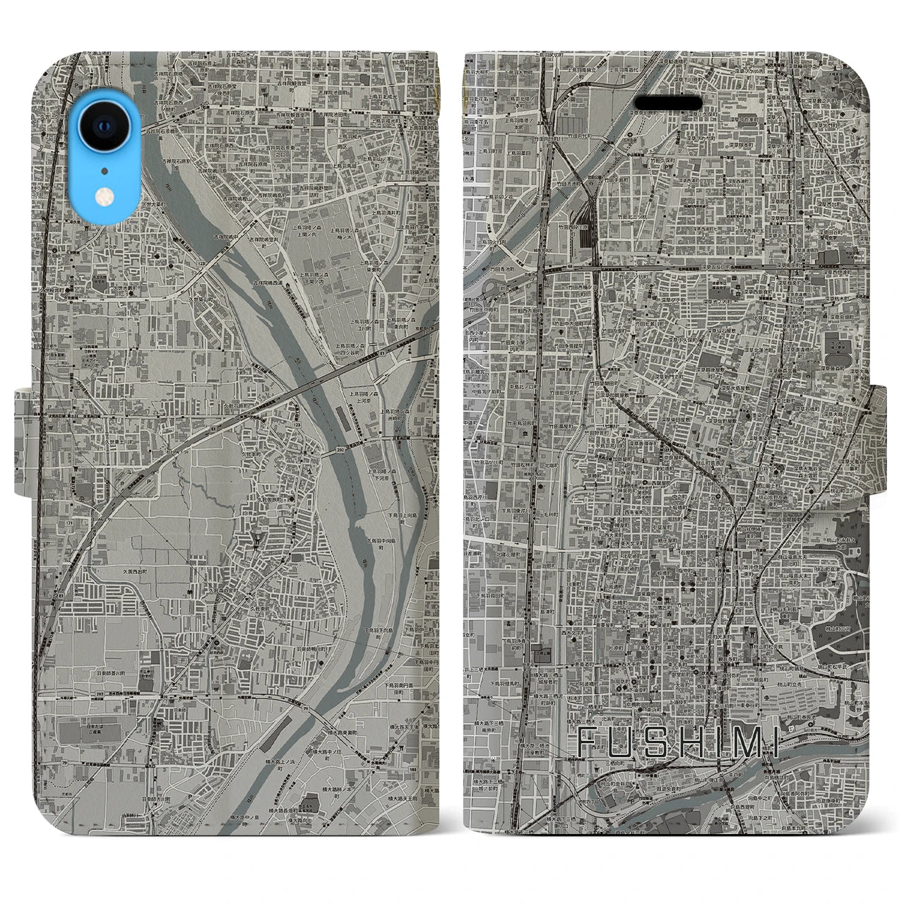 【伏見(京都府)】地図柄iPhoneケース(手帳タイプ)モノトーン・iPhone XR 用
