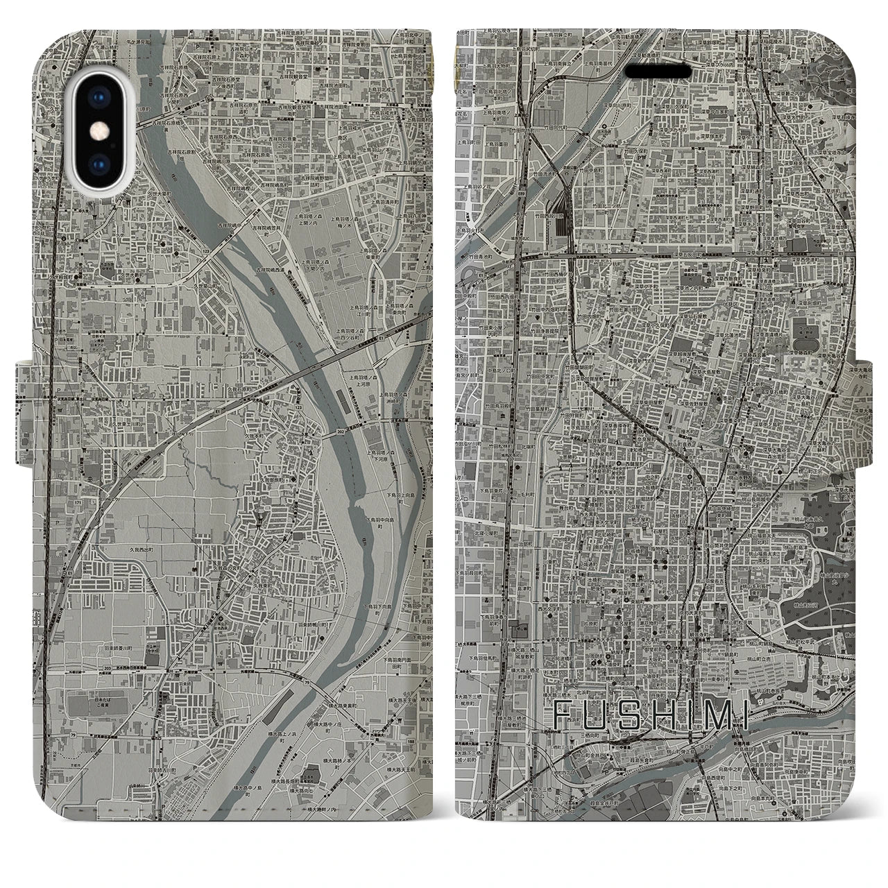 【伏見(京都府)】地図柄iPhoneケース(手帳タイプ)モノトーン・iPhone XS Max 用
