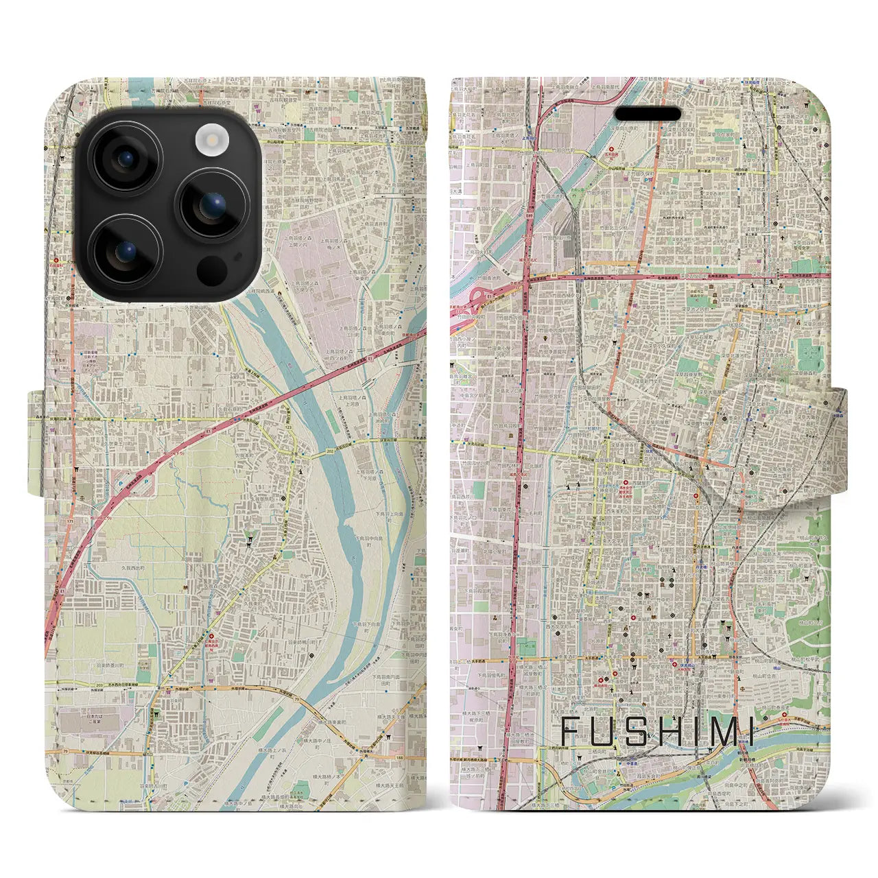 【伏見(京都府)】地図柄iPhoneケース(手帳タイプ)ナチュラル・iPhone 16 用
