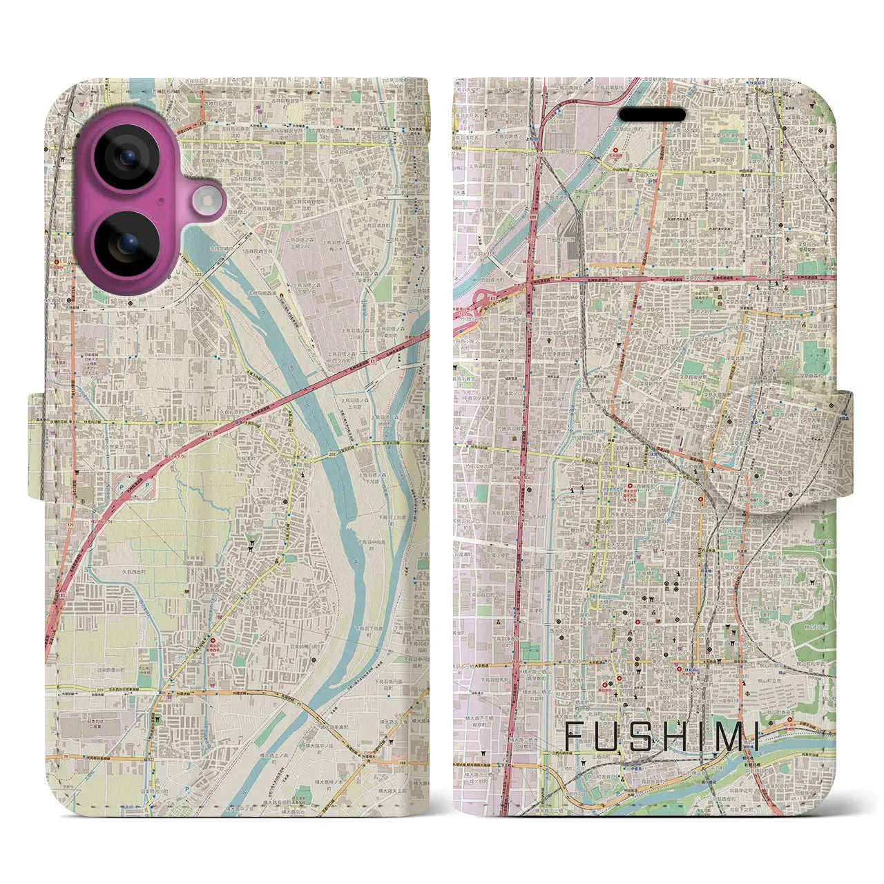 【伏見(京都府)】地図柄iPhoneケース(手帳タイプ)ナチュラル・iPhone 16 Pro 用