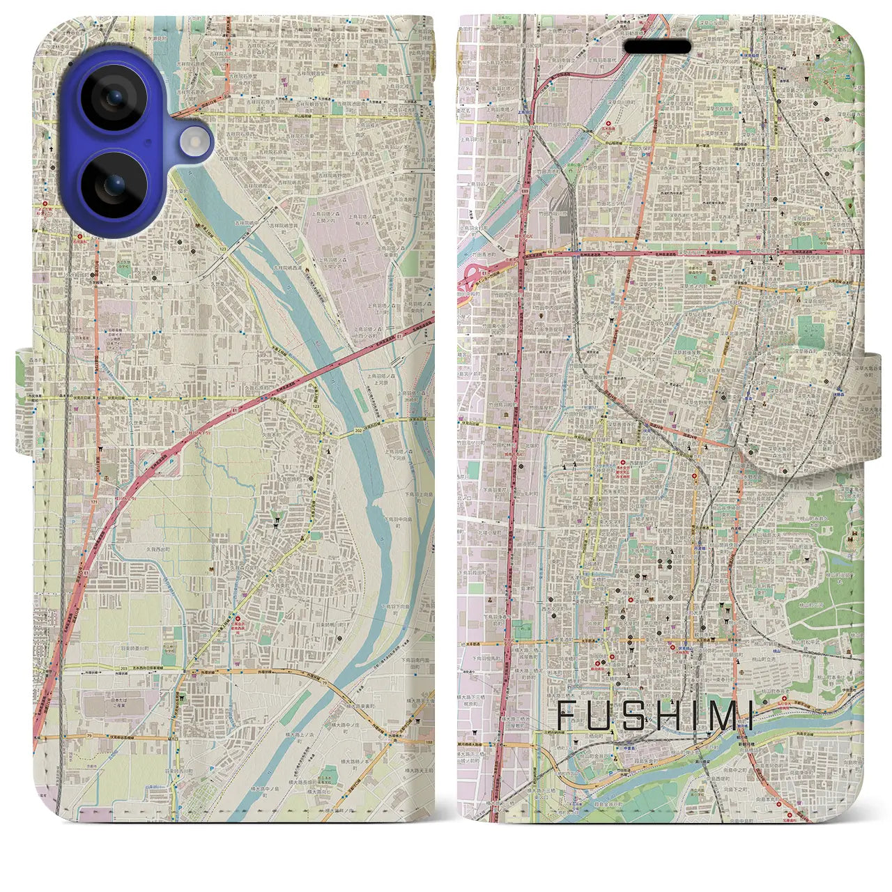 【伏見(京都府)】地図柄iPhoneケース(手帳タイプ)ナチュラル・iPhone 16 Pro Max 用