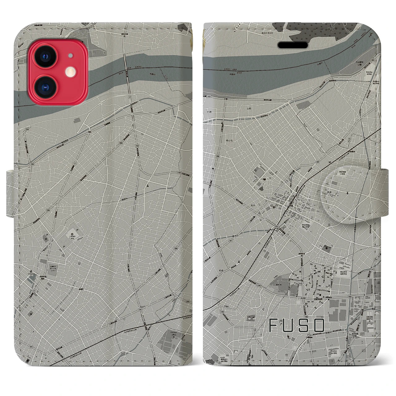 【扶桑(愛知県)】地図柄iPhoneケース(手帳タイプ)モノトーン・iPhone 11 用