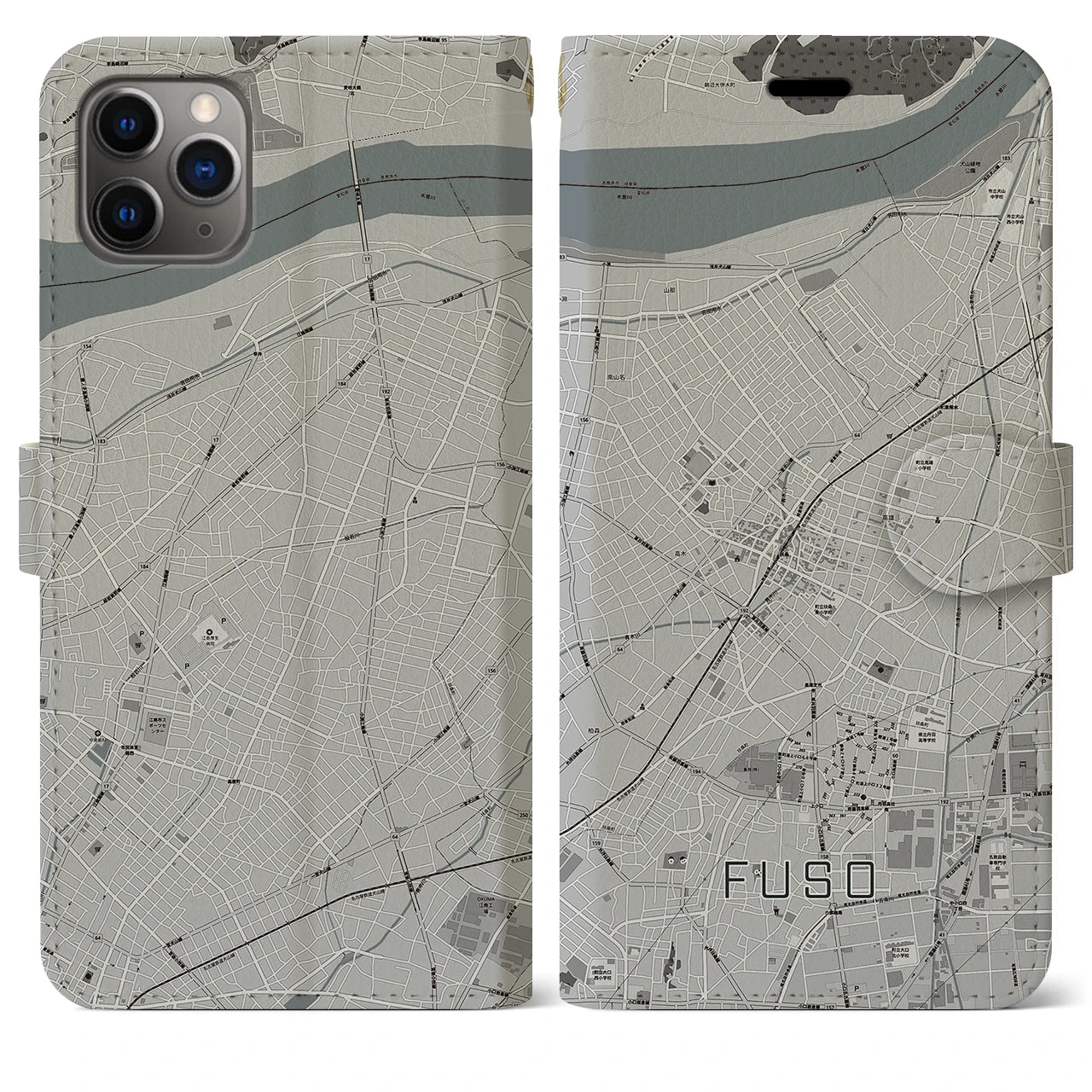 【扶桑(愛知県)】地図柄iPhoneケース(手帳タイプ)モノトーン・iPhone 11 Pro Max 用