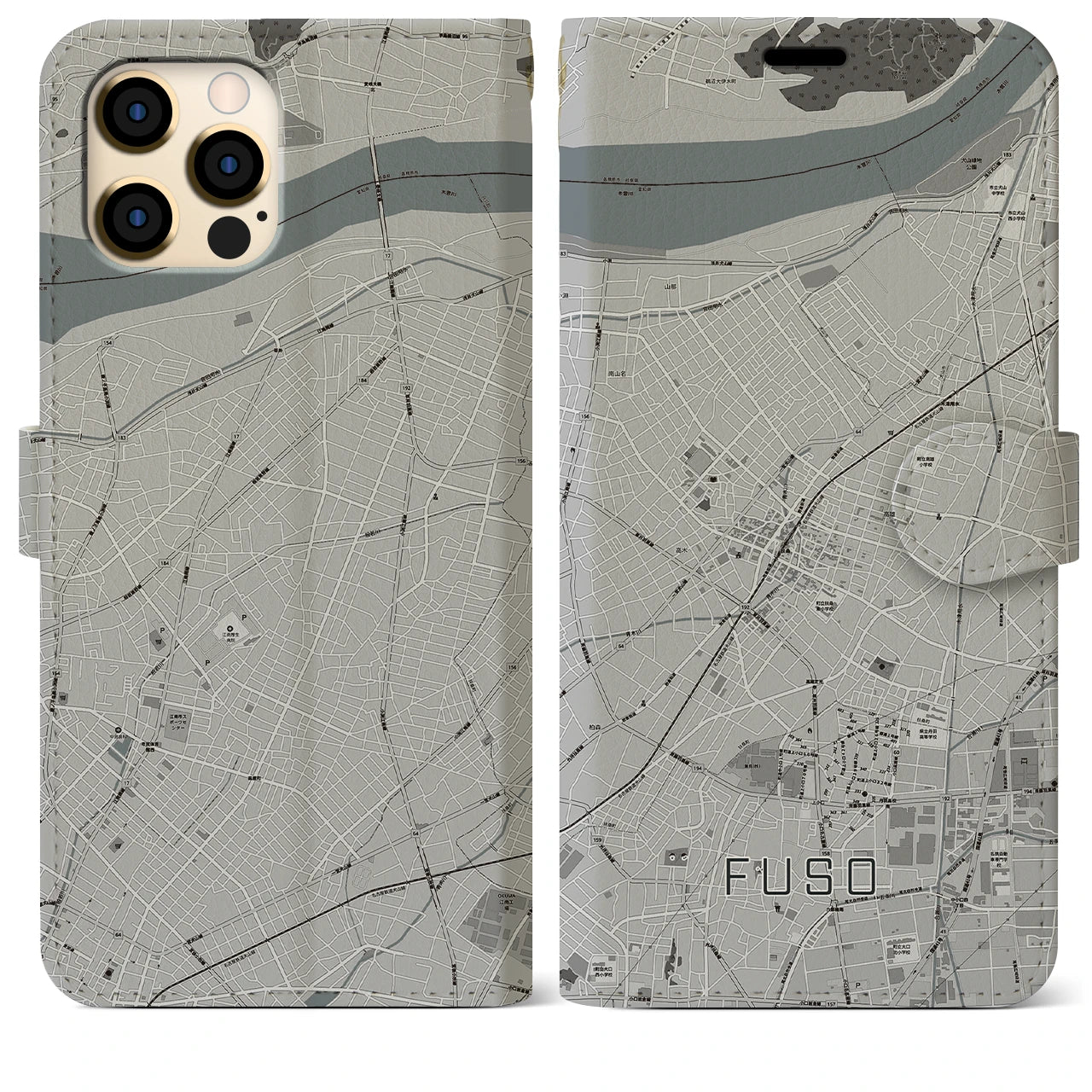 【扶桑(愛知県)】地図柄iPhoneケース(手帳タイプ)モノトーン・iPhone 12 Pro Max 用