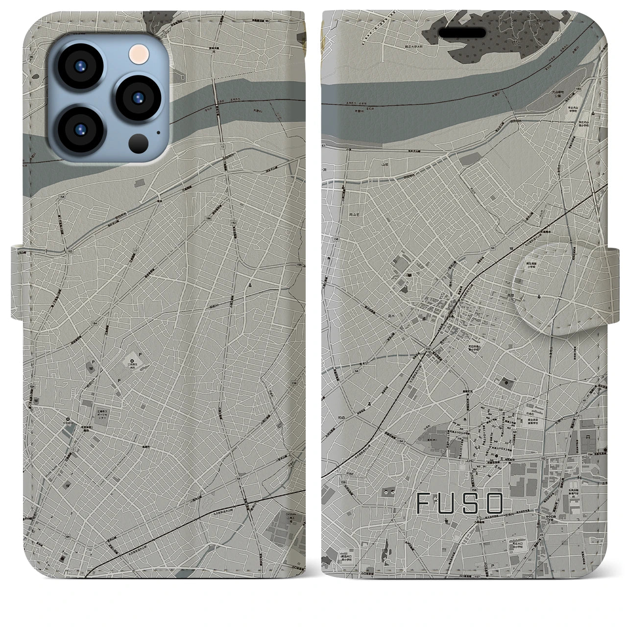 【扶桑(愛知県)】地図柄iPhoneケース(手帳タイプ)モノトーン・iPhone 13 Pro Max 用
