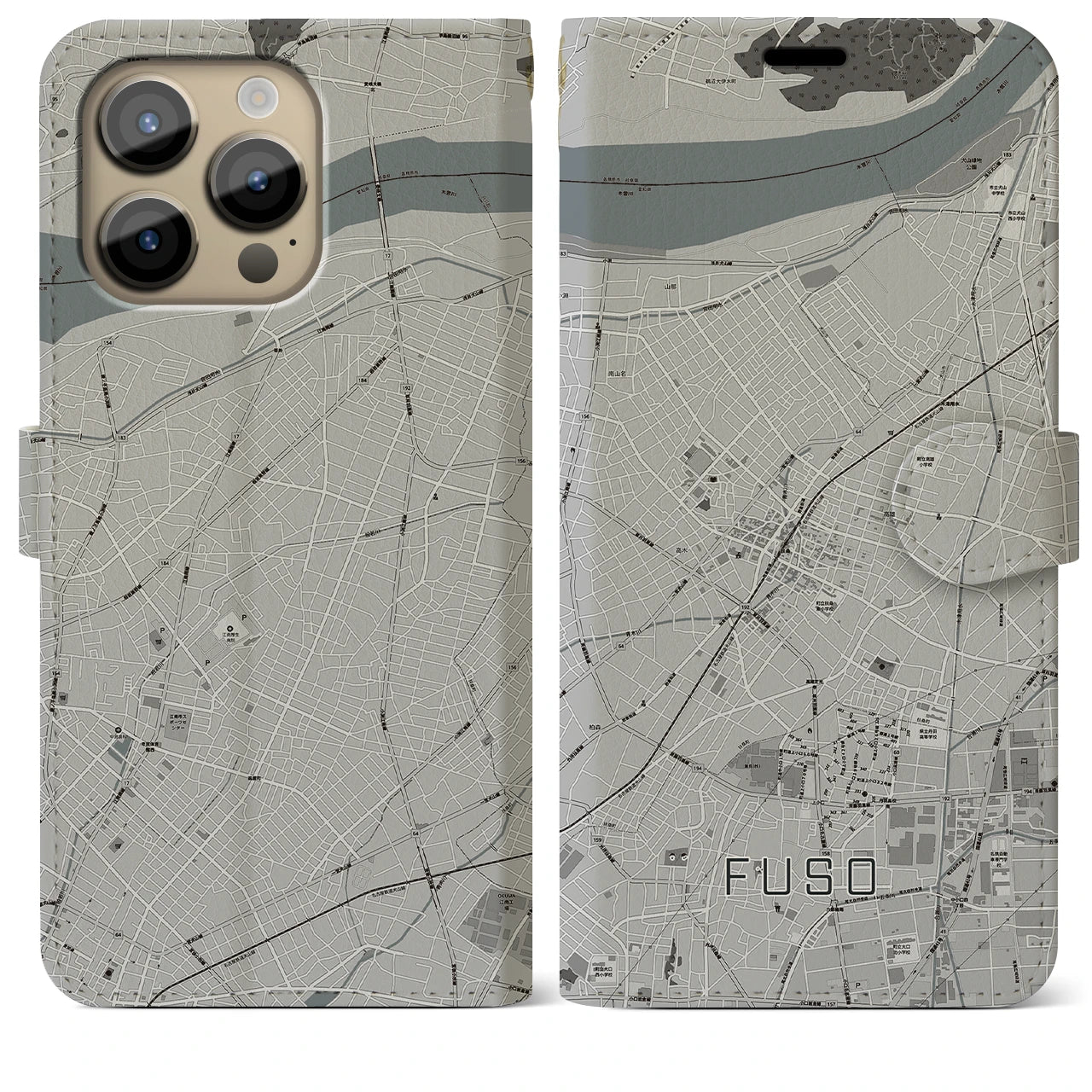 【扶桑(愛知県)】地図柄iPhoneケース(手帳タイプ)モノトーン・iPhone 14 Pro Max 用