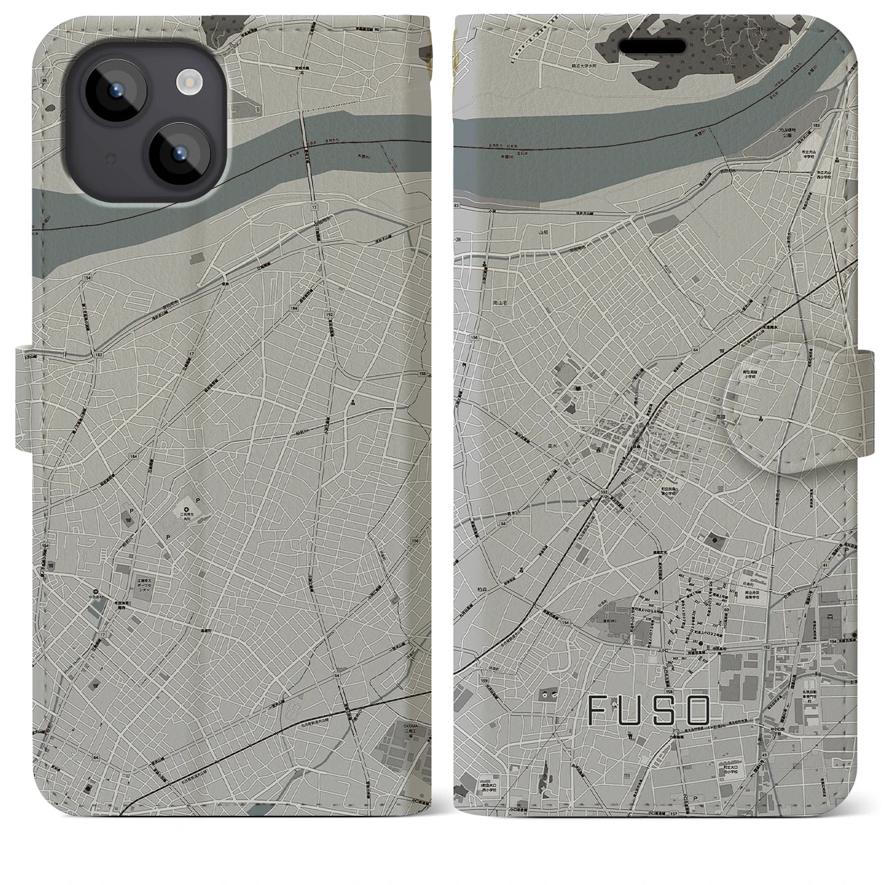 【扶桑(愛知県)】地図柄iPhoneケース(手帳タイプ)モノトーン・iPhone 14 Plus 用