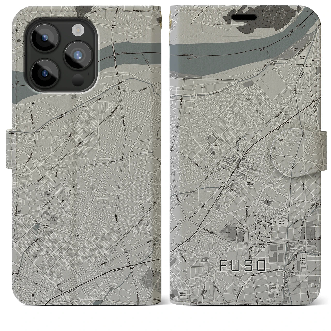 【扶桑(愛知県)】地図柄iPhoneケース(手帳タイプ)モノトーン・iPhone 15 Pro Max 用