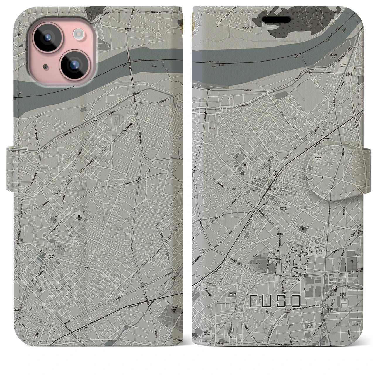 【扶桑(愛知県)】地図柄iPhoneケース(手帳タイプ)モノトーン・iPhone 15 Plus 用