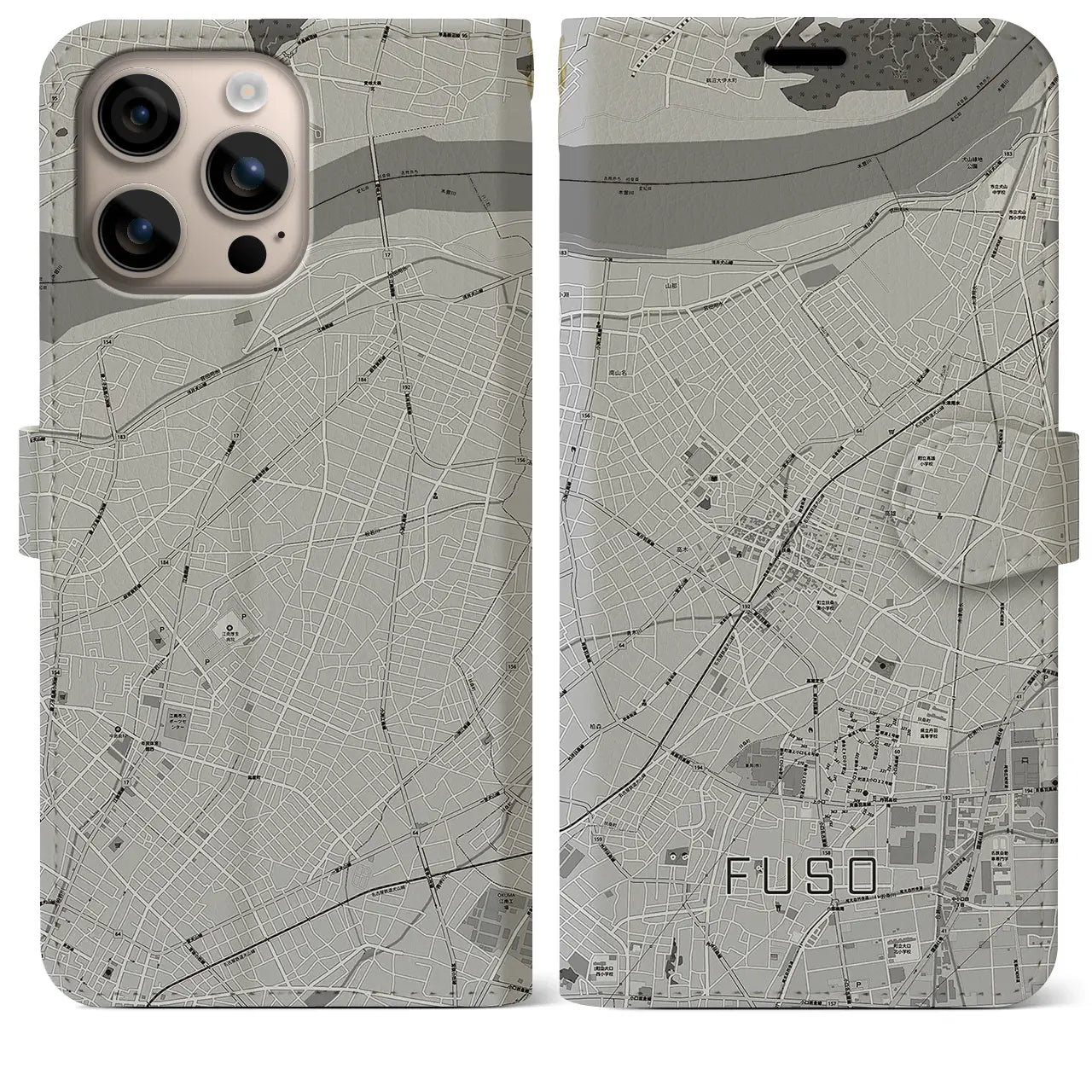 【扶桑(愛知県)】地図柄iPhoneケース(手帳タイプ)モノトーン・iPhone 16 Plus 用