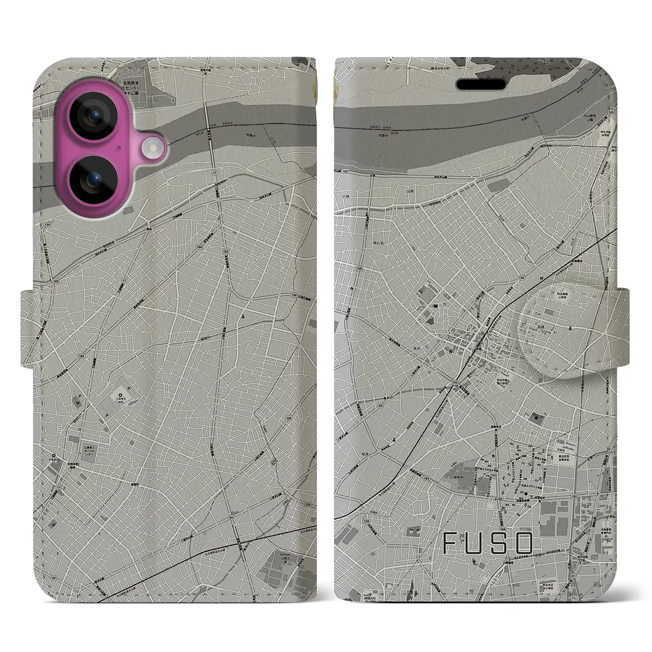 【扶桑(愛知県)】地図柄iPhoneケース(手帳タイプ)モノトーン・iPhone 16 Pro 用