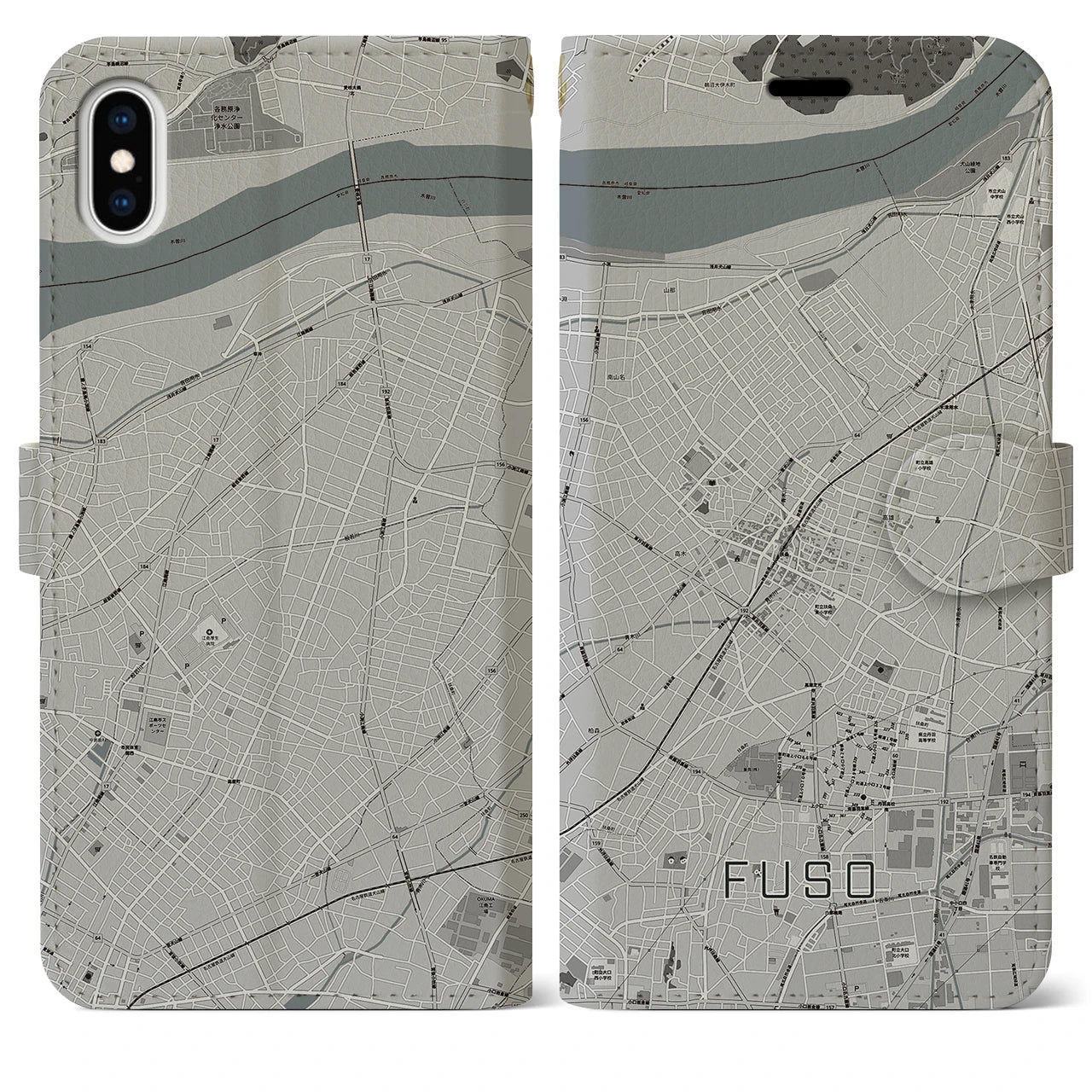 【扶桑(愛知県)】地図柄iPhoneケース(手帳タイプ)モノトーン・iPhone XS Max 用