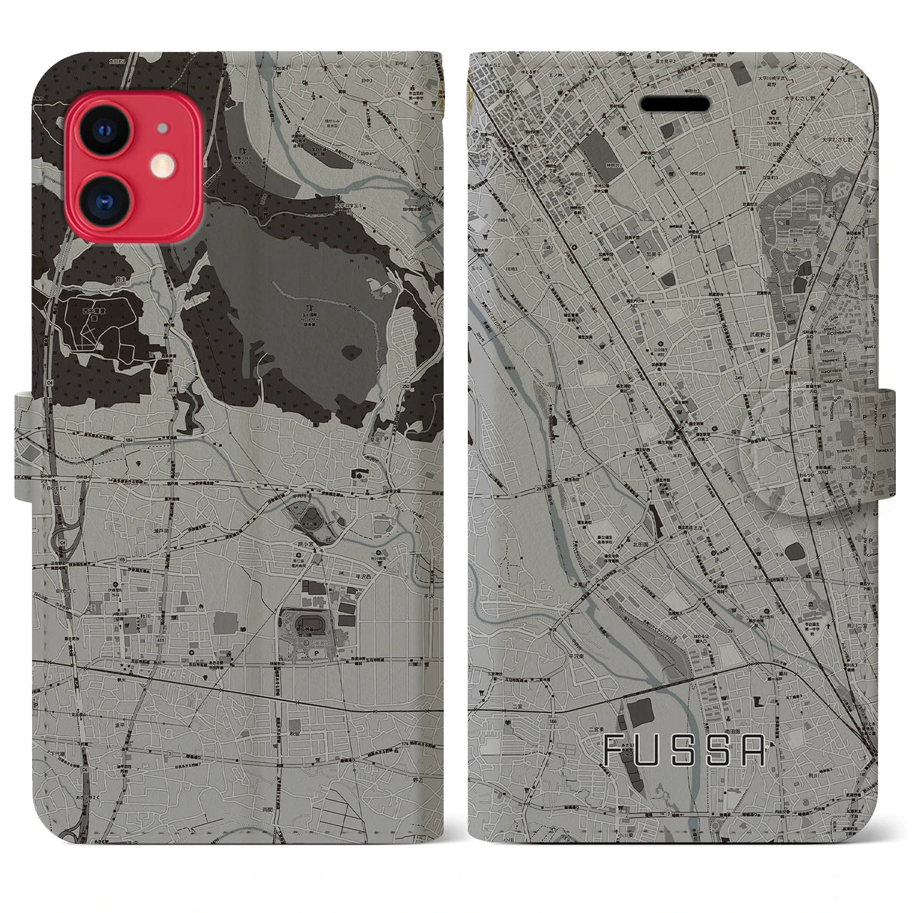 【福生(東京都)】地図柄iPhoneケース(手帳タイプ)モノトーン・iPhone 11 用