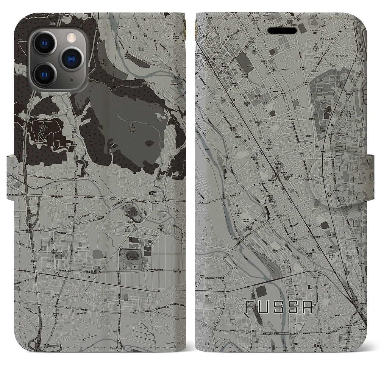 【福生(東京都)】地図柄iPhoneケース(手帳タイプ)モノトーン・iPhone 11 Pro Max 用