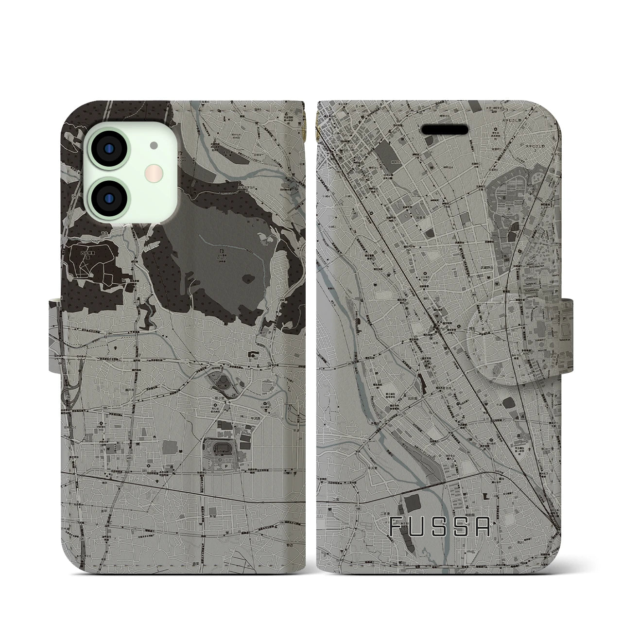 【福生(東京都)】地図柄iPhoneケース(手帳タイプ)モノトーン・iPhone 12 mini 用