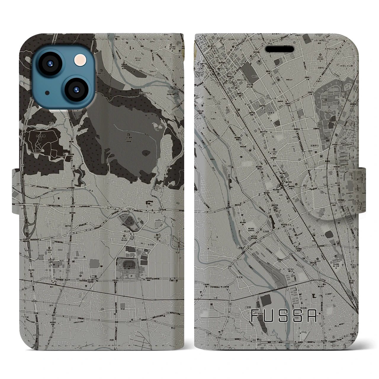 【福生(東京都)】地図柄iPhoneケース(手帳タイプ)モノトーン・iPhone 13 用