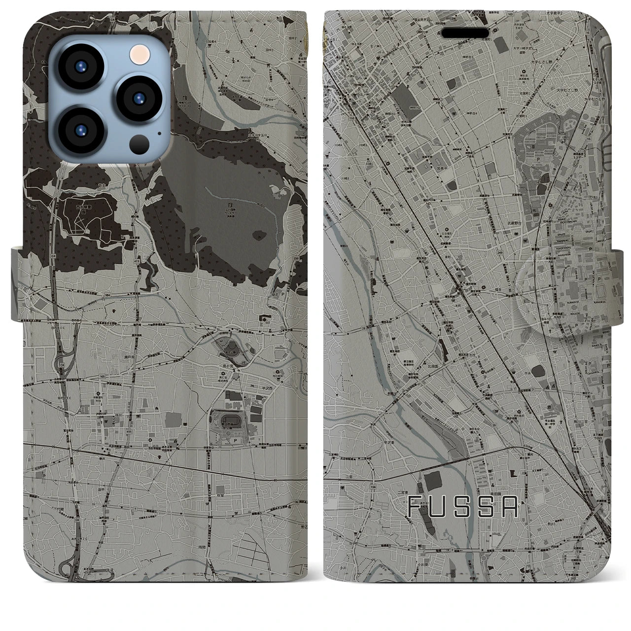 【福生(東京都)】地図柄iPhoneケース(手帳タイプ)モノトーン・iPhone 13 Pro Max 用