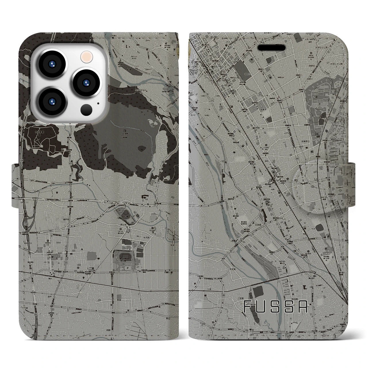 【福生(東京都)】地図柄iPhoneケース(手帳タイプ)モノトーン・iPhone 13 Pro 用