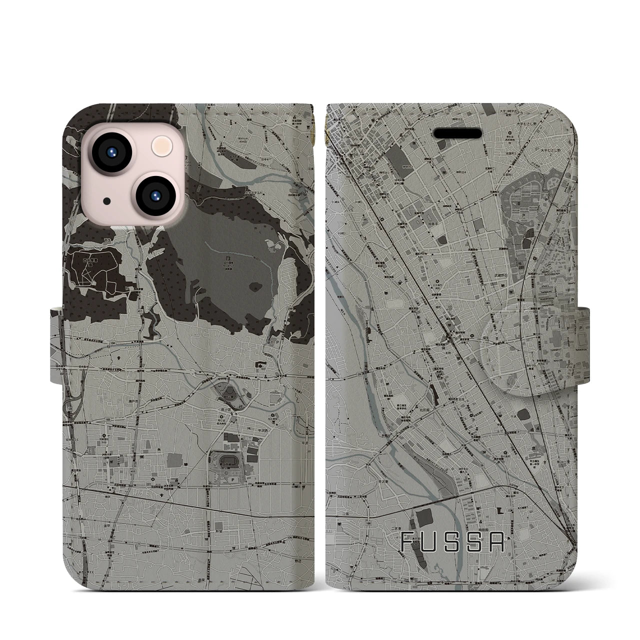【福生(東京都)】地図柄iPhoneケース(手帳タイプ)モノトーン・iPhone 13 mini 用