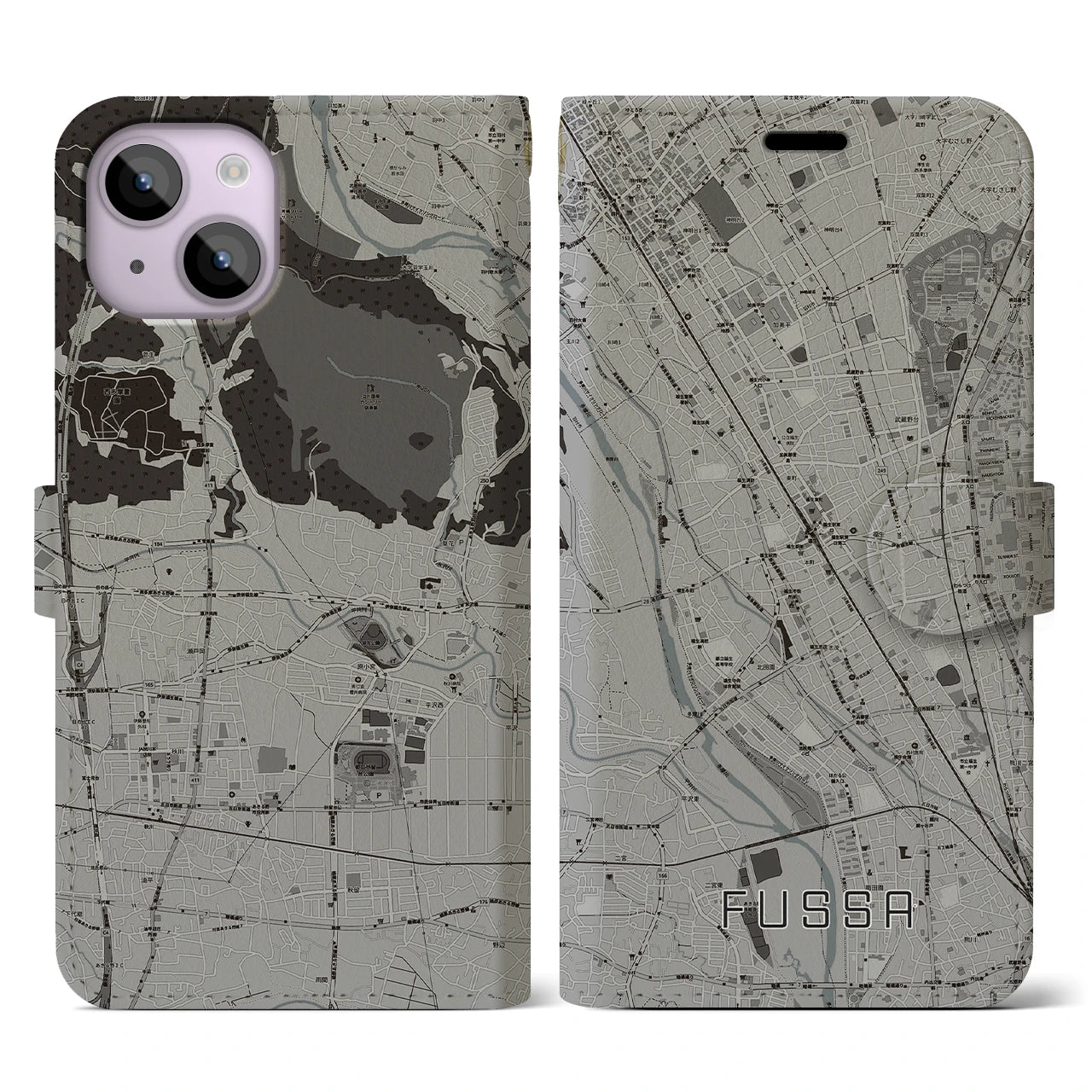【福生(東京都)】地図柄iPhoneケース(手帳タイプ)モノトーン・iPhone 14 用