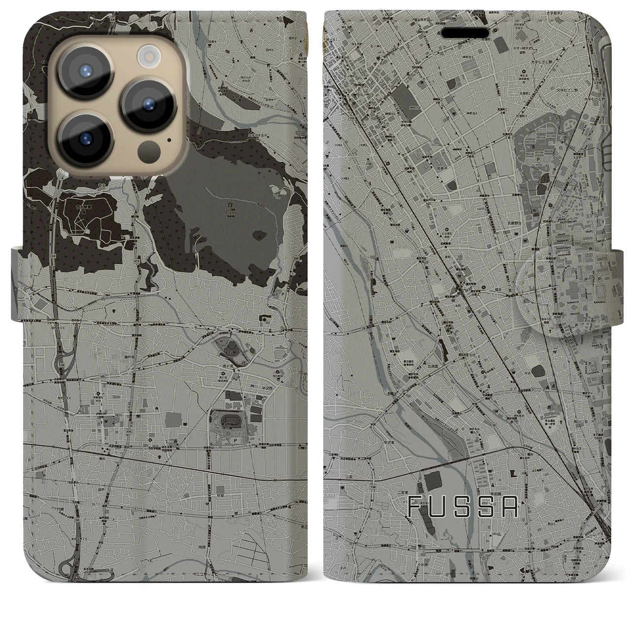 【福生(東京都)】地図柄iPhoneケース(手帳タイプ)モノトーン・iPhone 14 Pro Max 用