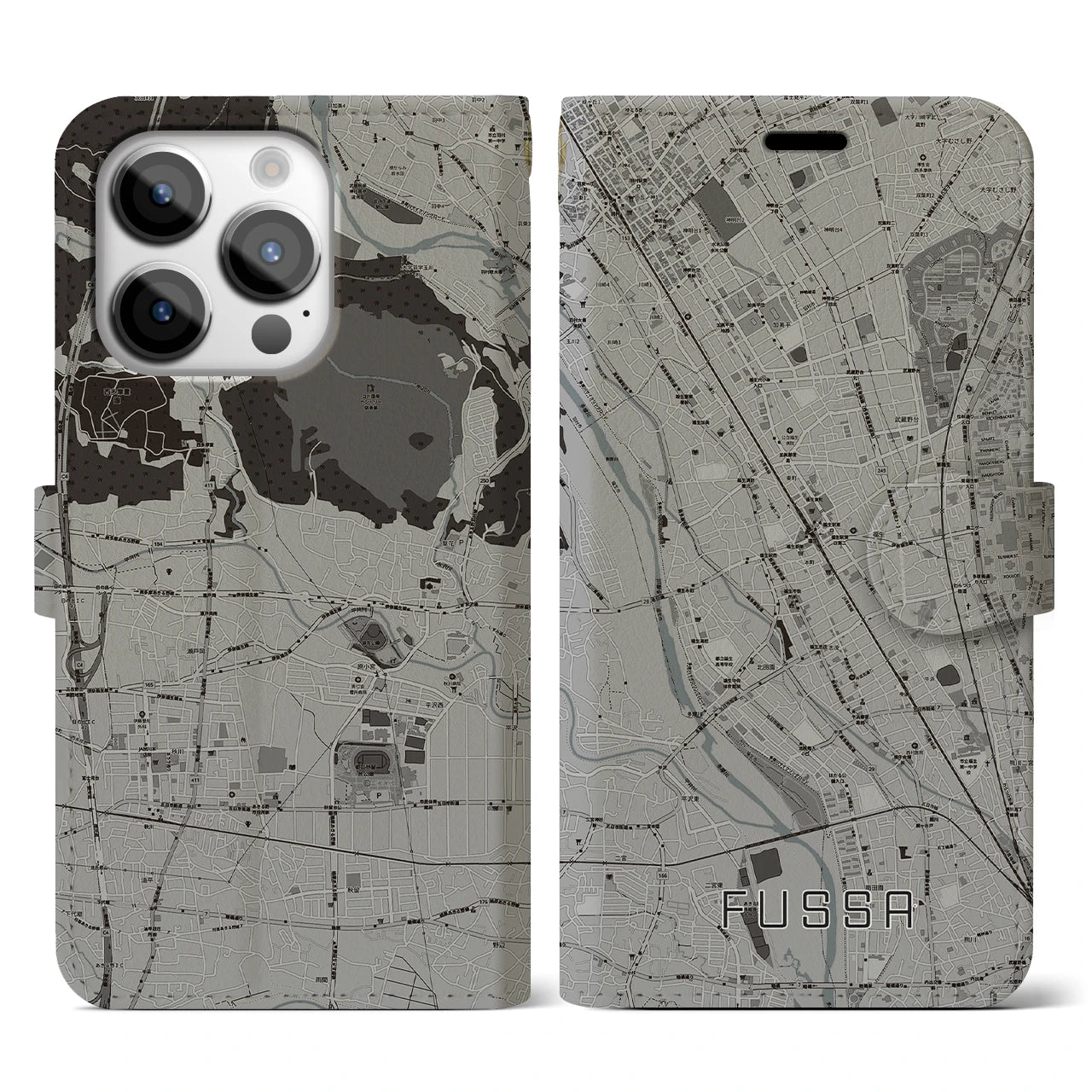 【福生(東京都)】地図柄iPhoneケース(手帳タイプ)モノトーン・iPhone 14 Pro 用