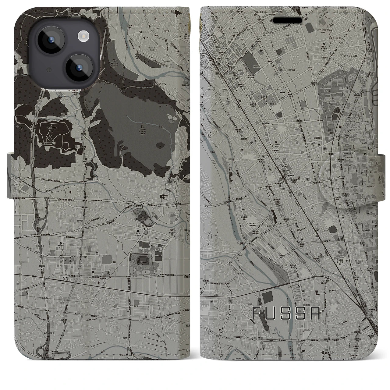 【福生(東京都)】地図柄iPhoneケース(手帳タイプ)モノトーン・iPhone 14 Plus 用
