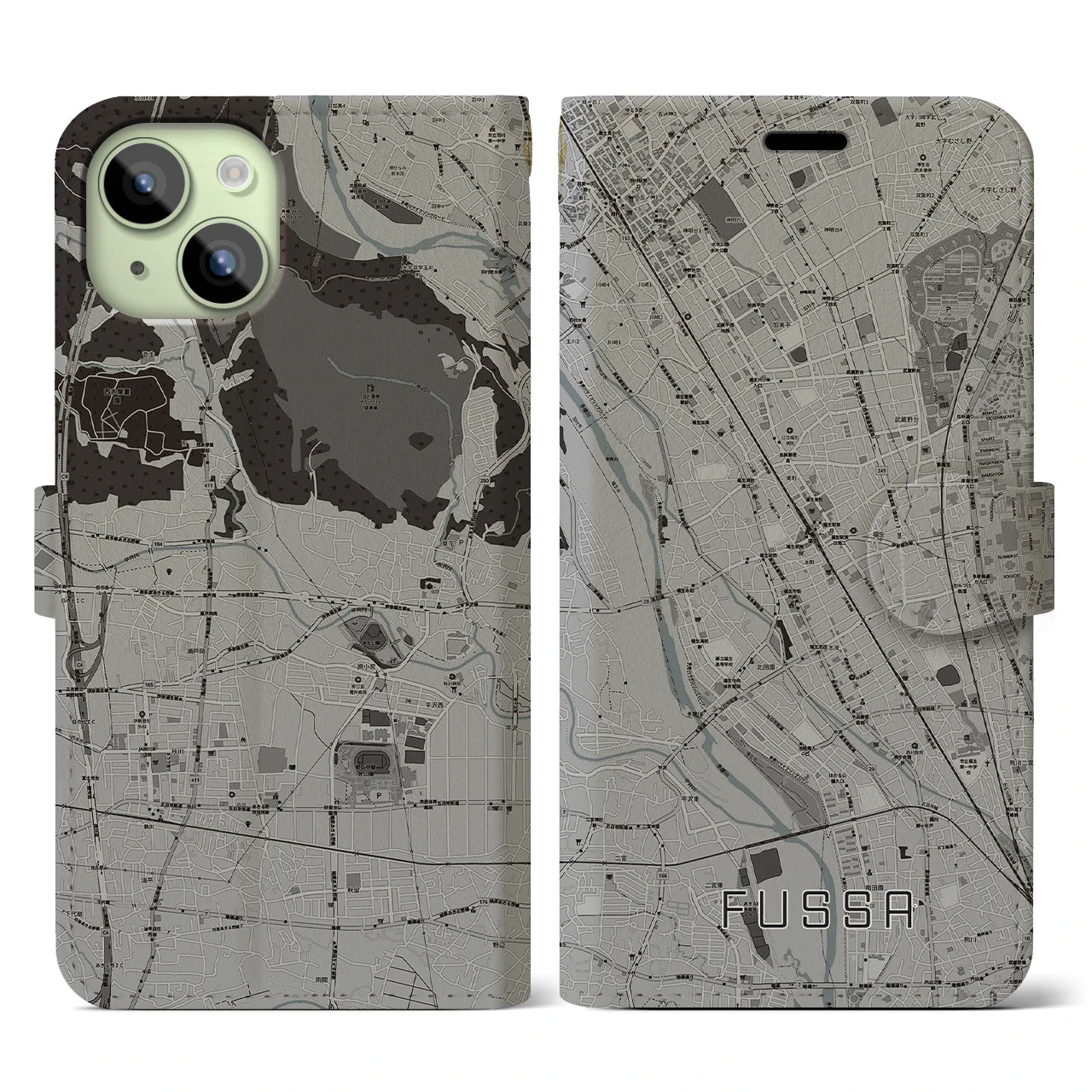 【福生(東京都)】地図柄iPhoneケース(手帳タイプ)モノトーン・iPhone 15 用