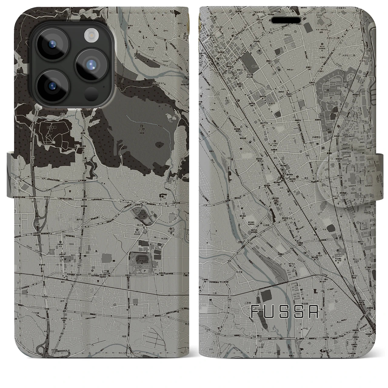 【福生(東京都)】地図柄iPhoneケース(手帳タイプ)モノトーン・iPhone 15 Pro Max 用