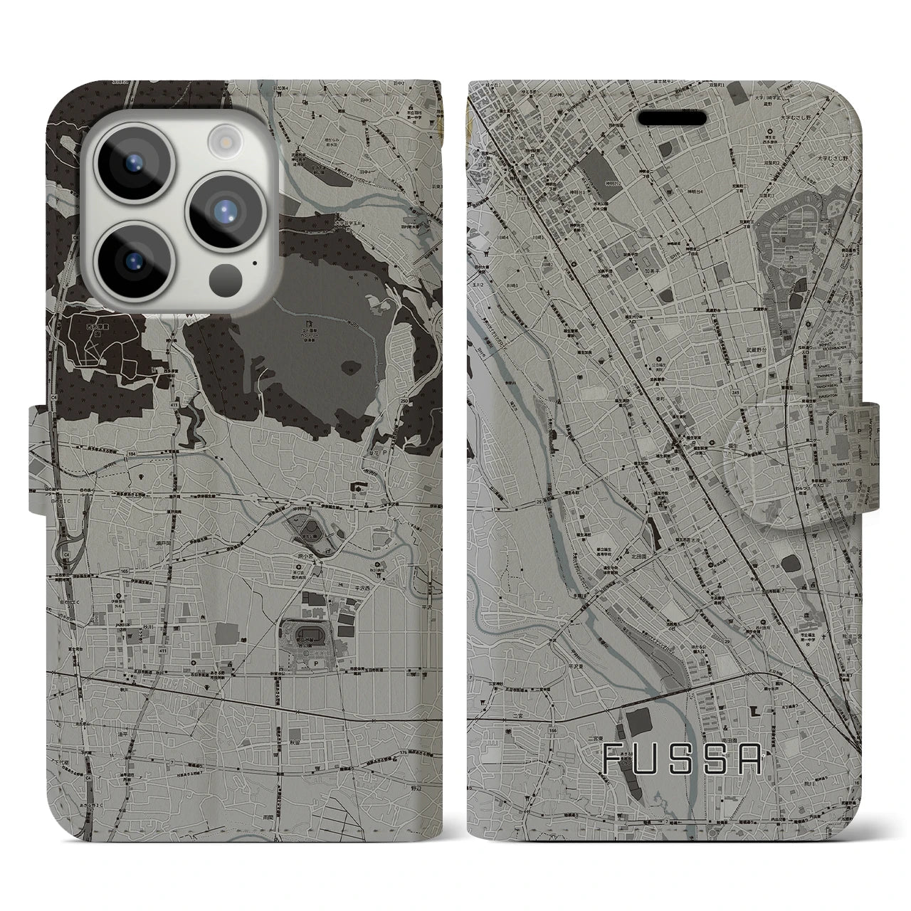 【福生(東京都)】地図柄iPhoneケース(手帳タイプ)モノトーン・iPhone 15 Pro 用